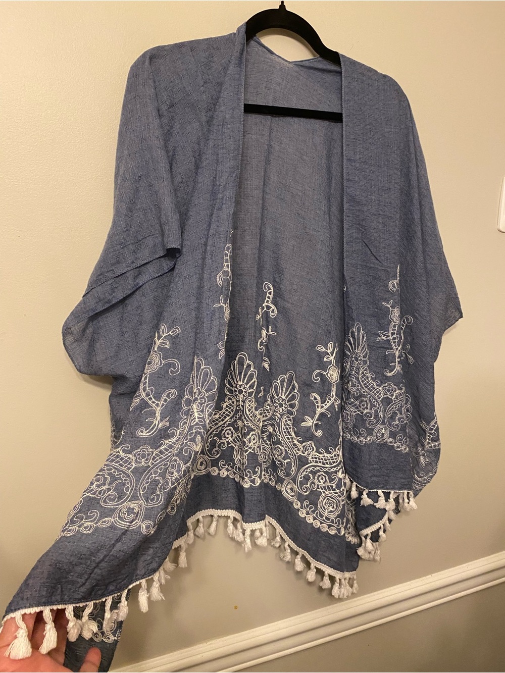 Blue Embroidered Tassel Kimono Cape - Women